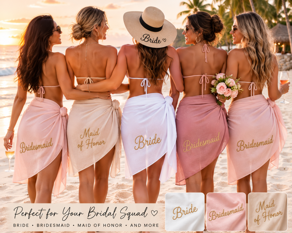 Personalized Bridal Party Beach Sarong – Custom Embroidered Bride & Bridesmaid Wrap