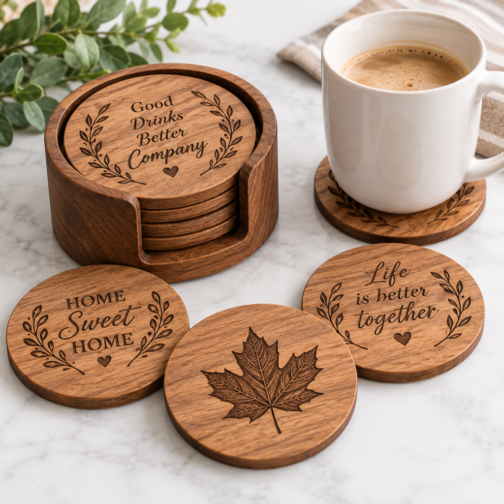 Custom Engraved Wooden Coaster Set
